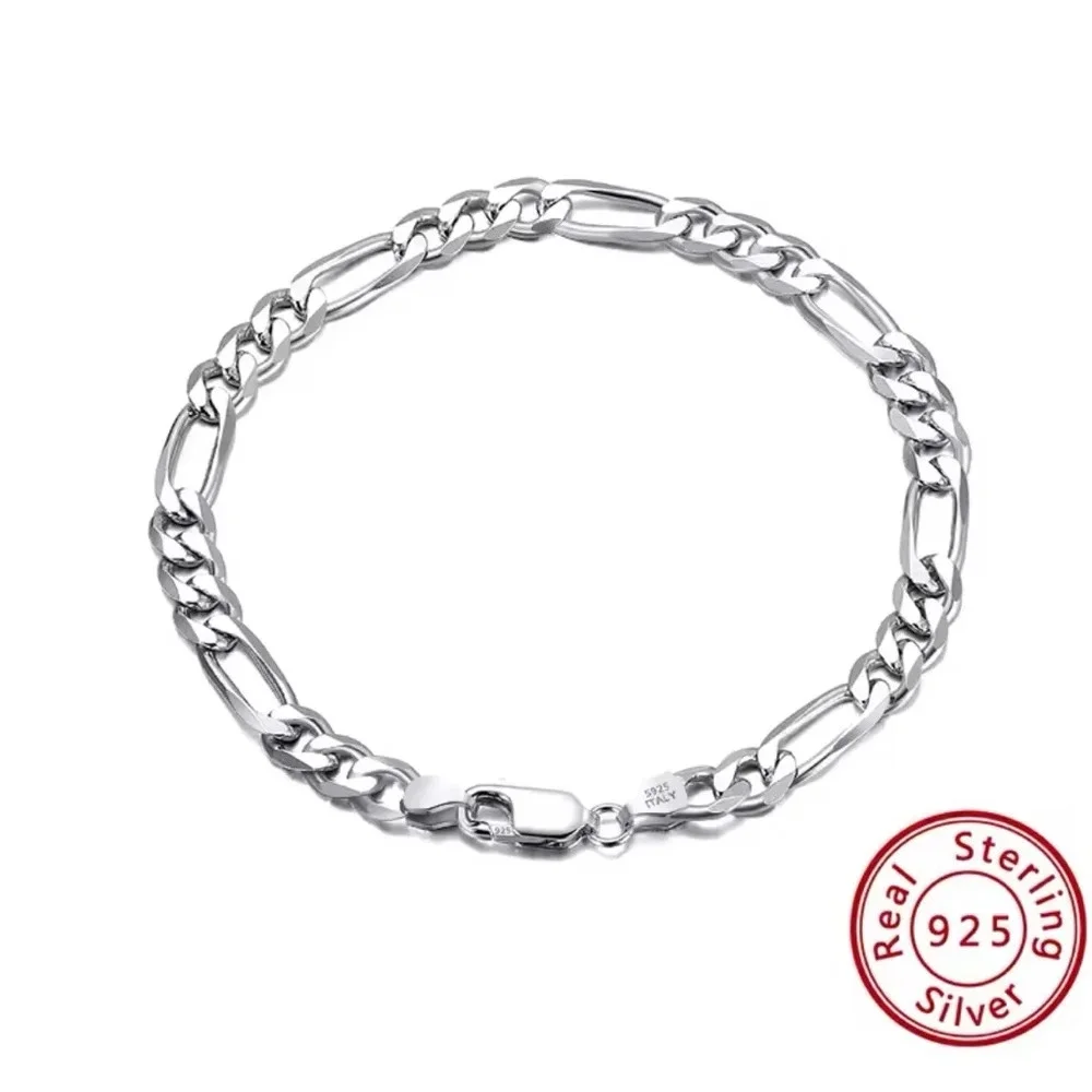 NEW Rhodium Plated 925 Sterling Silver‎ Figaro Chain Bracelet, 8”